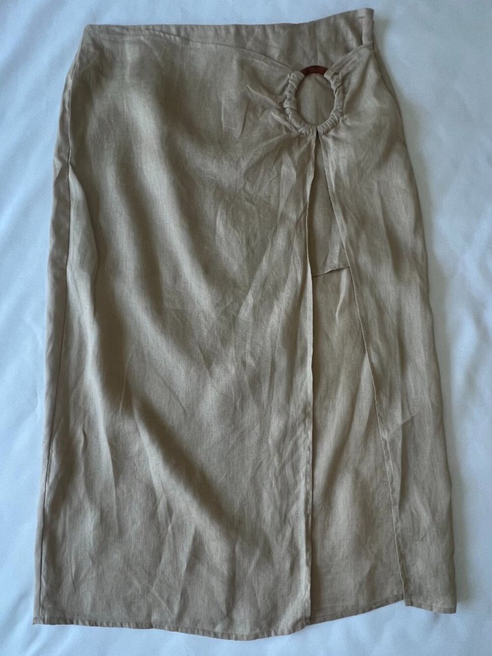 100% Linen Zara Wrap Midi Skirt Womens Size Large Tan Beige Vacation Summer - Picture 7 of 15
